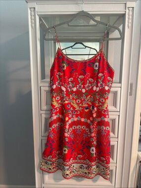 Alice + Olivia Red Floral Embroidered Slip Dress